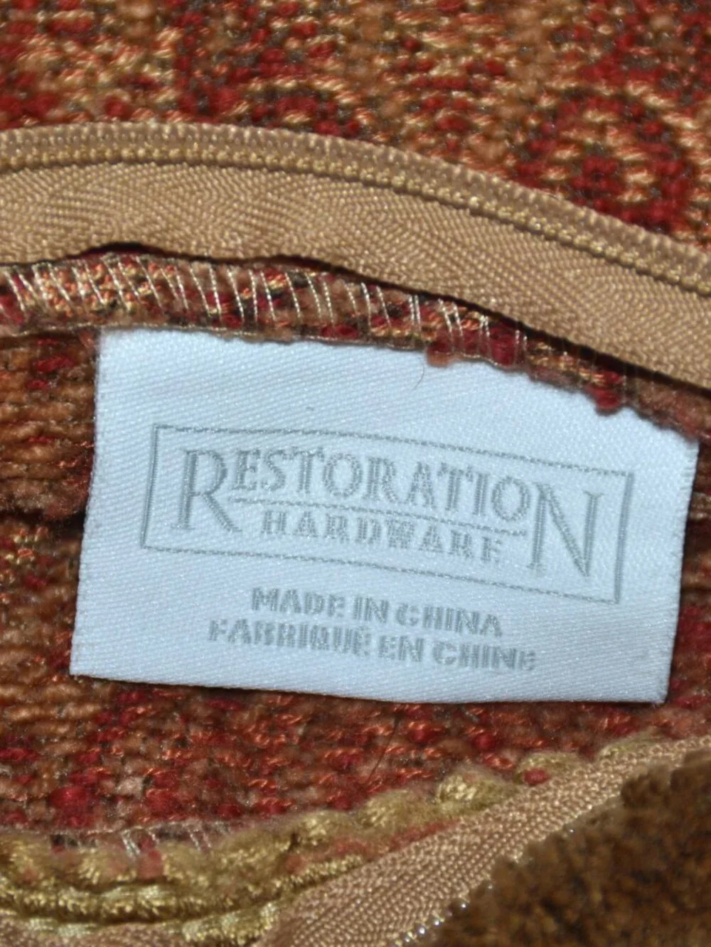 Restoration Hardware-Soft Chenille Red/Gold Paisley Tapestry Pillow Fringe Cover